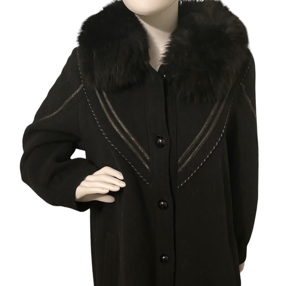 Vintage 70s 80s Fur Wool Pea Trench Coat Long Leather Inserts Button Down Warm - Picture 6 of 16
